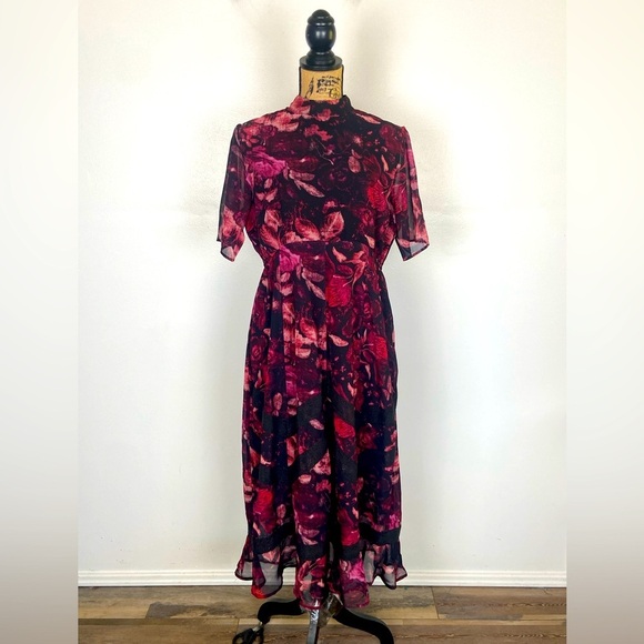 Hope & Ivy Maternity Floral Midi Dress Size 16 Chiffon Red & Black Mock Neck - Picture 1 of 13